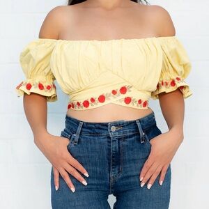 Chic Yellow Off-Shoulder Crop Top with Red Embroidery